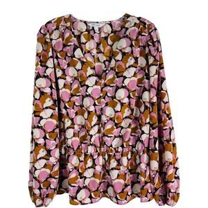 Nine West pink white floral button peplum office preppy top large